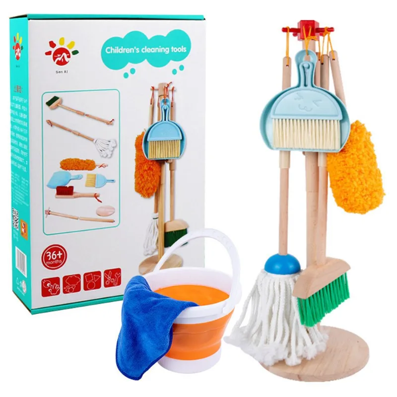 Conjunto De Ferramentas De Limpeza Infantil De Madeira Com Vassoura E Balde