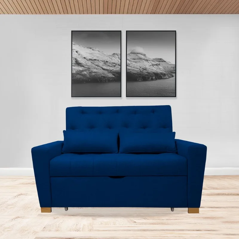 Sofacama semidoble 150x94cm tela tipo lino 2 cuerpos Azul