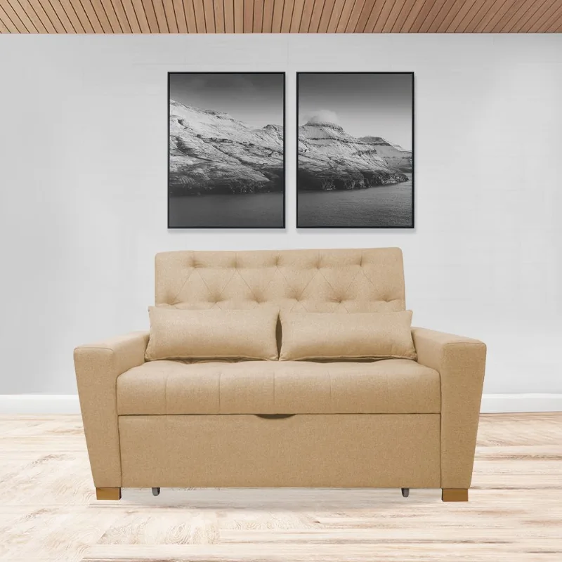 Sofacama semidoble 150x94cm tela tipo lino 2 cuerpos Camel