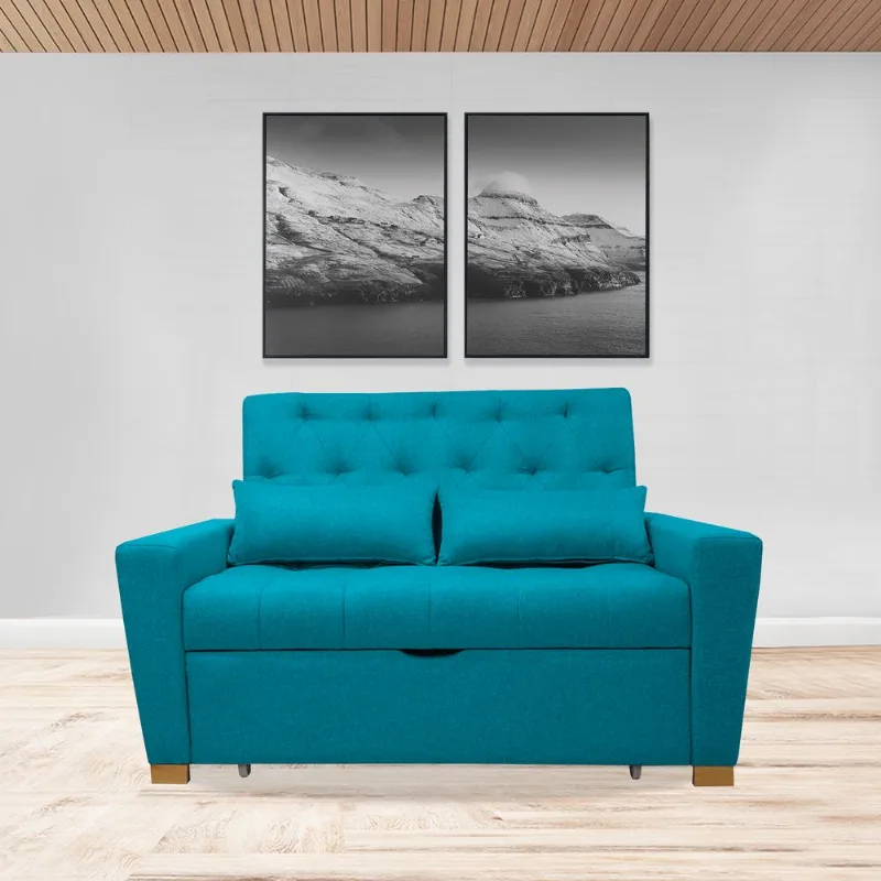 Sofacama semidoble 150x94cm tela tipo lino 2 cuerpos Turquesa