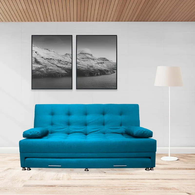Sofacama doble 190x95cm tela tipo lino 3 cuerpos Turquesa