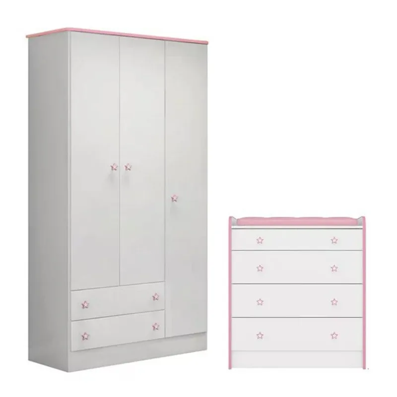 Guarda Roupa Infantil 2617 E Comoda 2523 Doce Sonho Branco Rosa Qmovi