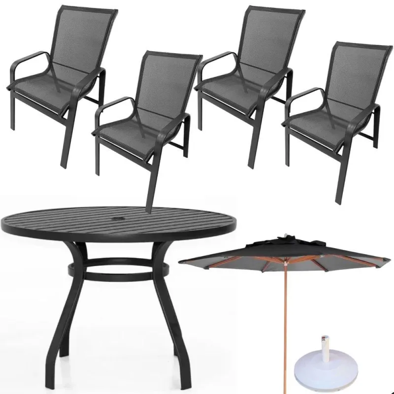 Conjunto Lótus Com Mesa 90cm Ripada 4 Poltronas Ombrelone 3,00m Com Base Preto - OUTRAS - Móveis