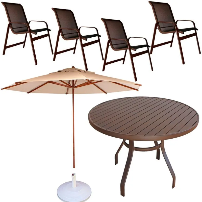 Conjunto Lótus Com Mesa 90cm Ripada 4 Poltronas Ombrelone 3,00m Com Base Marrom - OUTRAS - Móveis