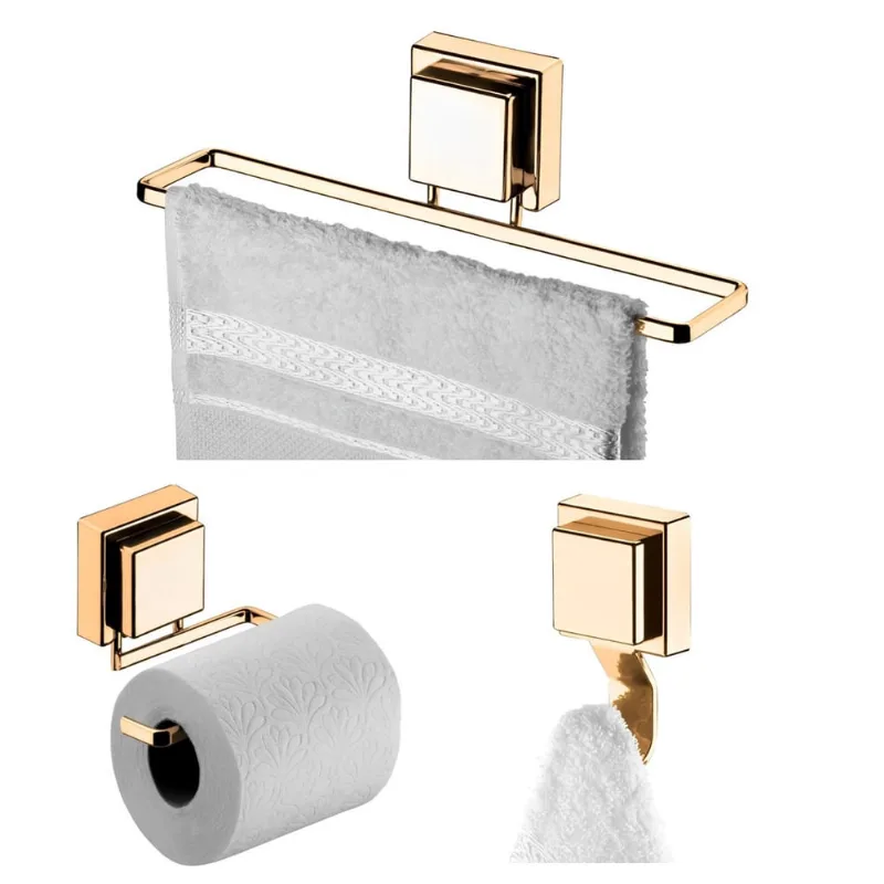 Kit Banheiro 3 Peças Toalheiro Suporte Porta Papel Higiênico Gancho Ventosa Dourado - Future