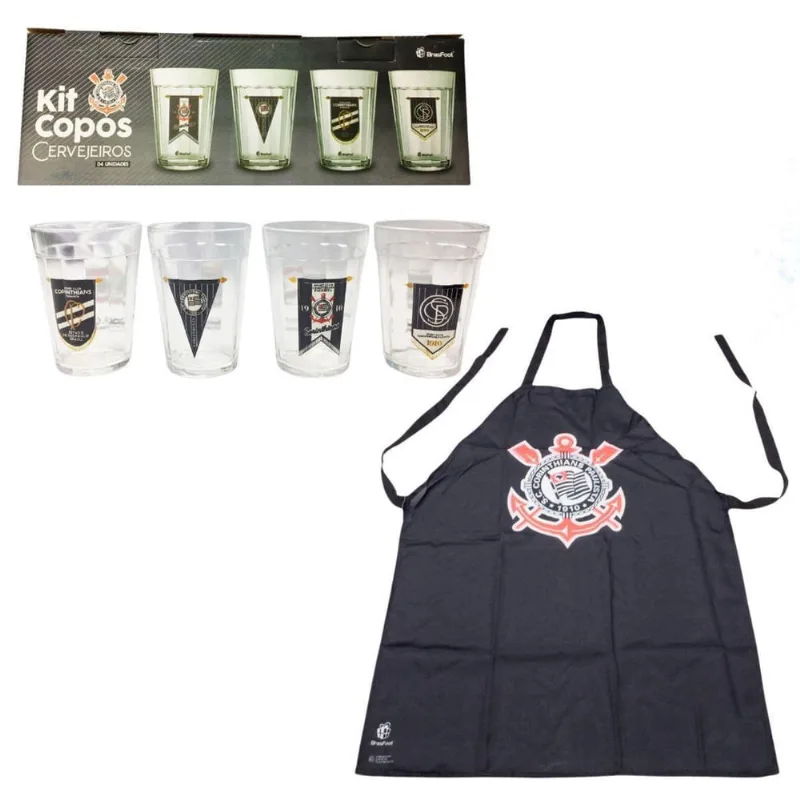 Kit Avental Preto Churrasqueiro + 4Un Copos Americanos