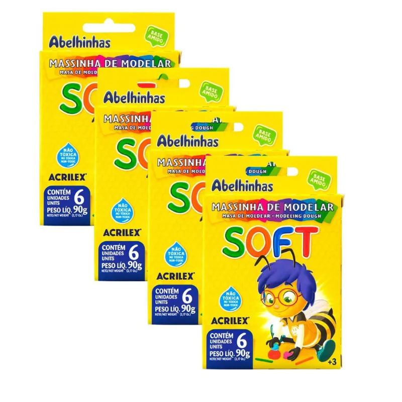 Kit 4 Massinha de Modelar Acrilex Soft Abelinhas 6 Cores 90g