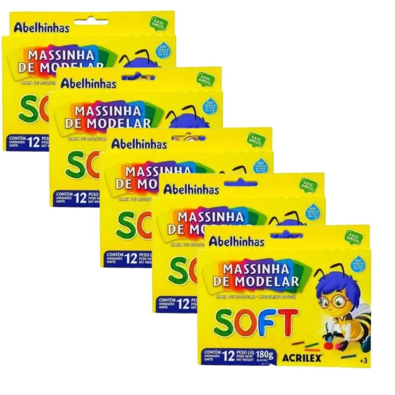Kit 5 Massinha de Modelar Acrilex Soft Abelinhas 12 Cores