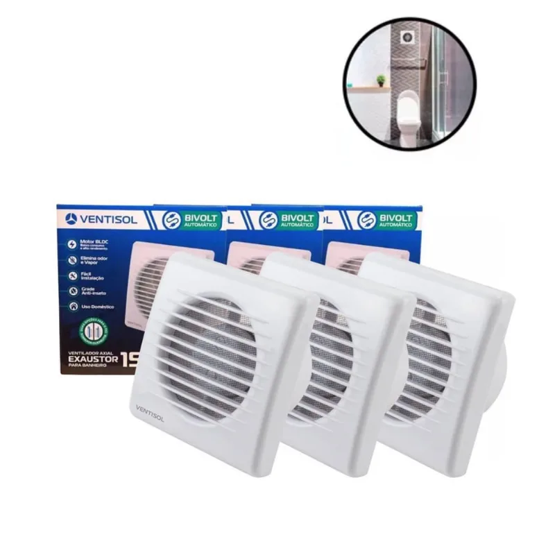 Kit 3 Exaustor Silencioso Banheiro 15Cm Grade Insetos Bivolt