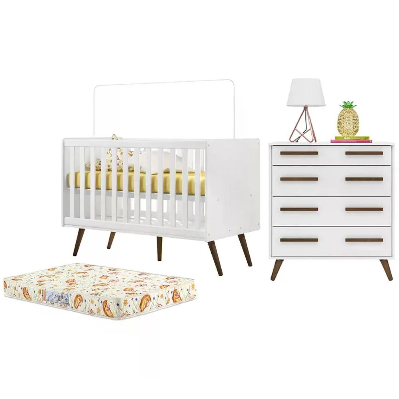 Berço Mini Cama 2857 E Comoda 2868 Retro Branco Com Colchao Qmovi