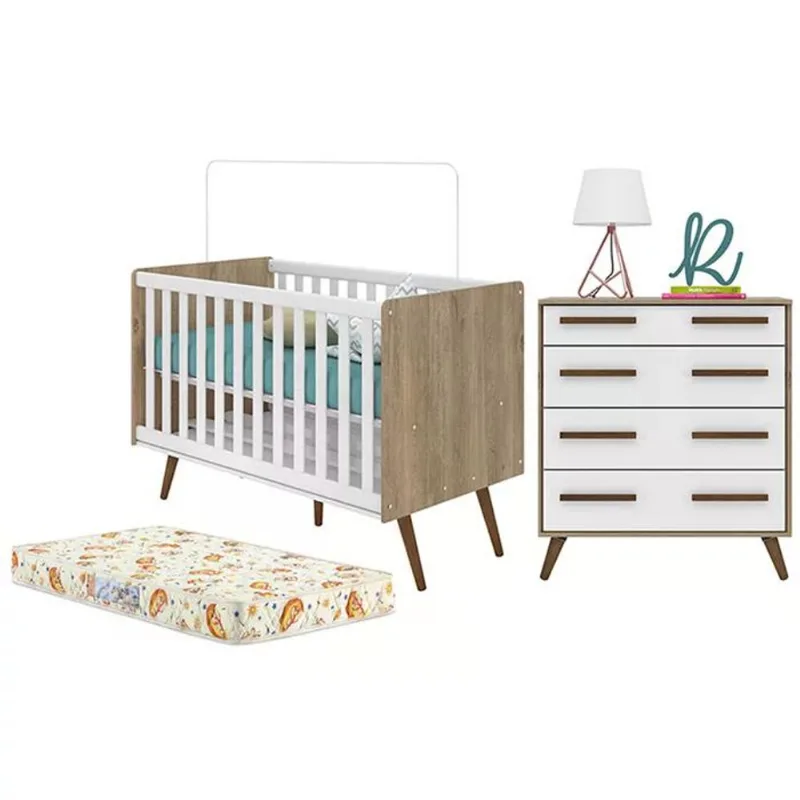 Berço Mini Cama 2857 E Comoda 2868 Retro Carvalho Rustico Branco Com Colchao Qmovi