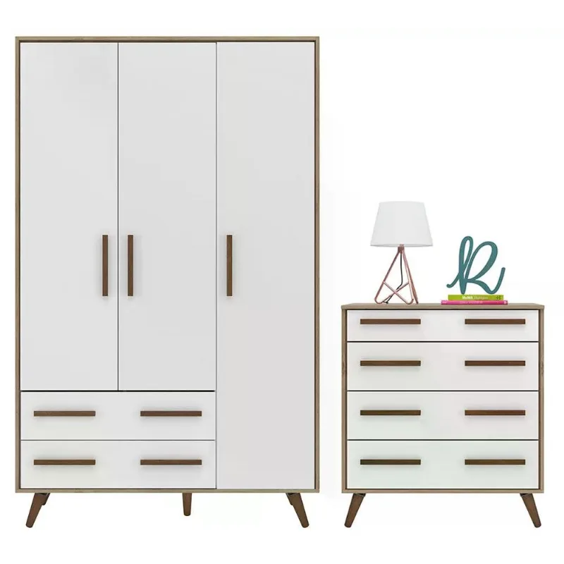 Guarda Roupa Infantil 2909 E Comoda 2868 Retro Carvalho Rustico Branco Qmovi