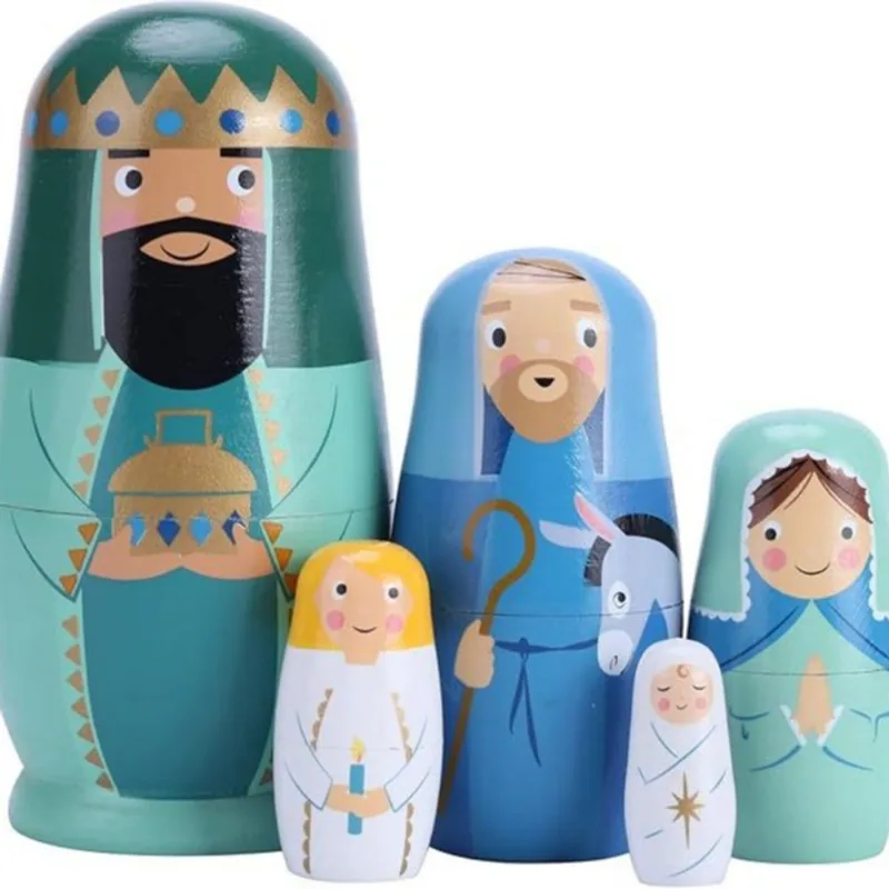 Conjunto De Presépio De Bonecas Russas Pintadas À Mão Com 5 Peças