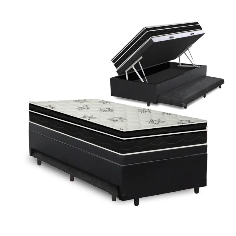 Cama Box com Baú e Auxiliar Solteiro Ortobom Physical Molas Nanolastic Preta - Ortobom - Móveis