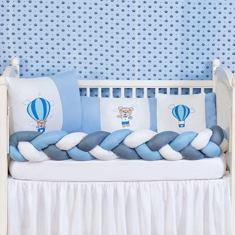 Kit Conjunto Protetor De Berço Trança Balão 6 Peças Azul