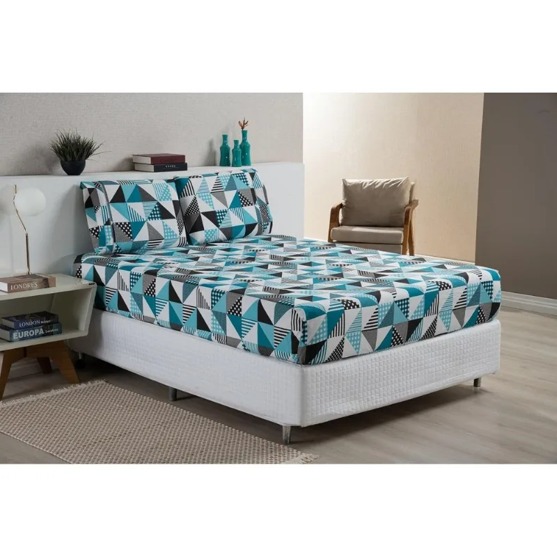 Lençol Com Fronhas Ponto Palito Queen Cama Box 3 Peças Geo