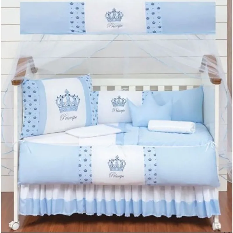 Kit Protetor De Berço Para Recém Nascido 12 Peças Com Saia Box Modelo Novo Modelo Coroa Principe Azul Claro