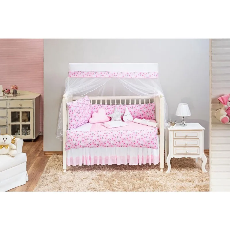 Kit Berço Estampado Ceu E Lua Menina Rosa 13 Peças Saia Box