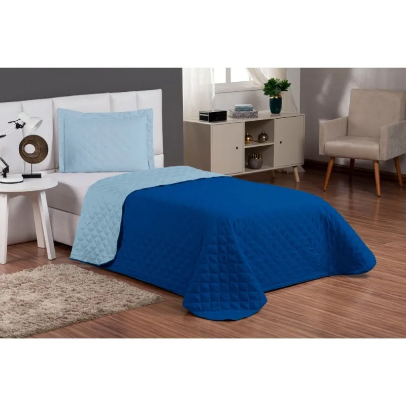 Kit Colcha Cobre Leito Infantil Menino Solteiro Com Viés 2 Peças Dupla Face azul royal/azul claro