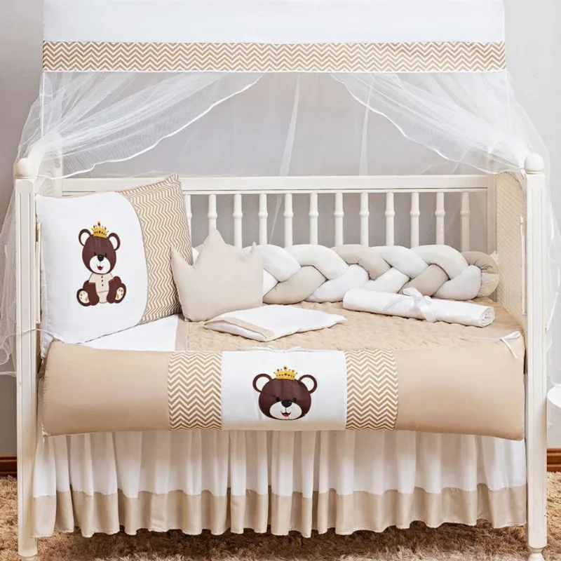 Kit Berço Com Saia Box Trança Unisex 14 Peças Bege Claro