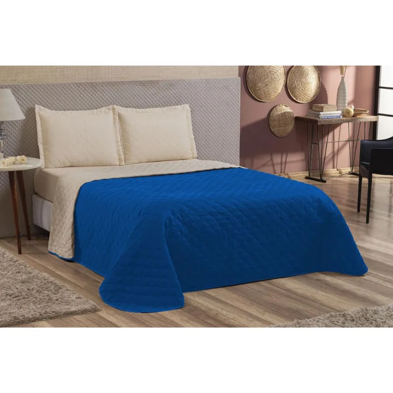 Cobre Leito Casal Queen 3 Peças Matelado Dupla Face Promoção Azul/caqui