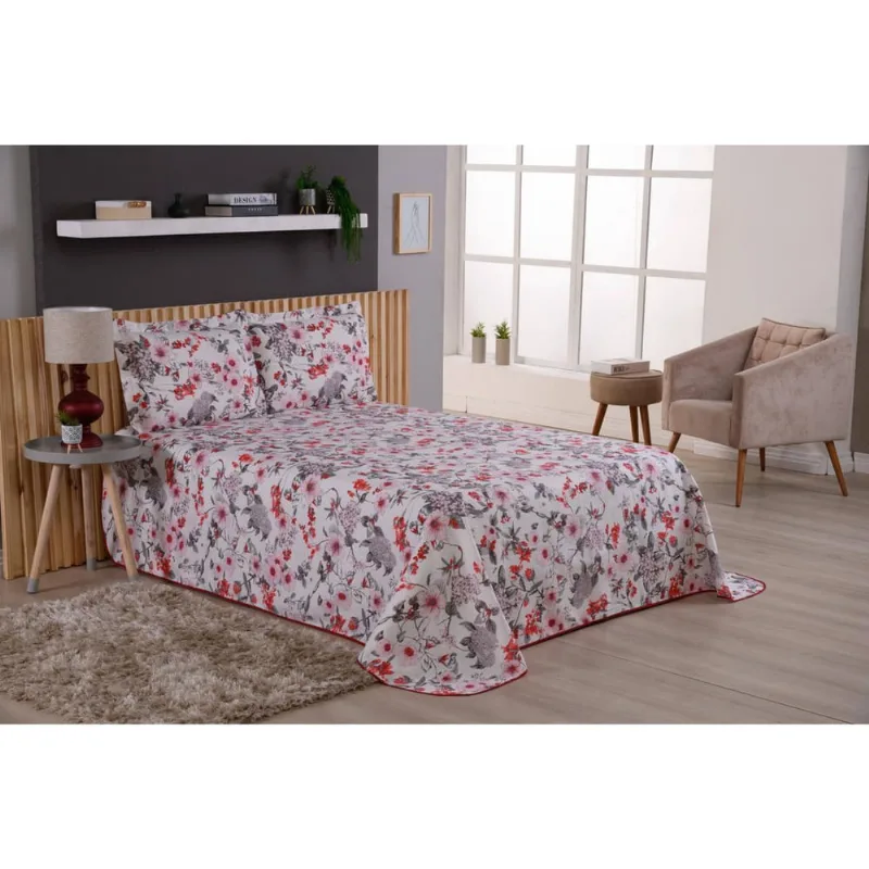 Colcha Viena Casal King 3 Peças Estampado Vermelho