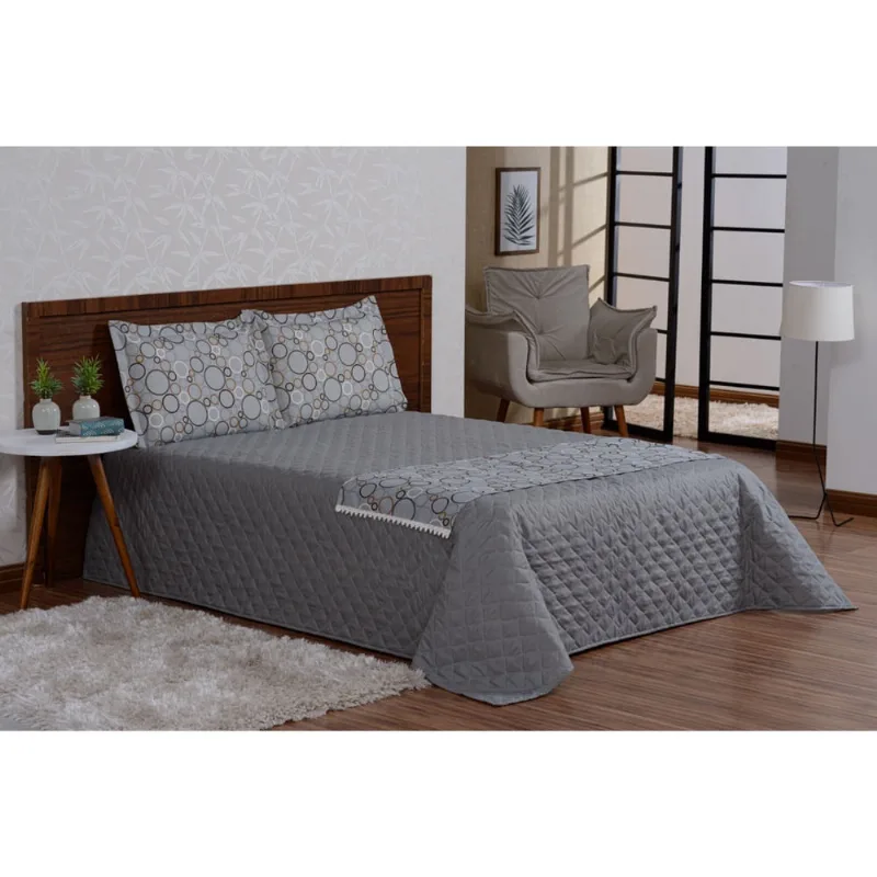 Colcha com xale de algodão 4 peças cinza valencia casal queen