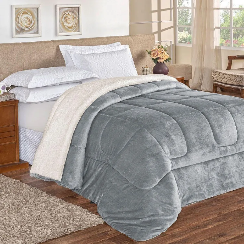 Coberdrom Apollo Queen Sherpa + Manta Flannel 1 Peça Cinza