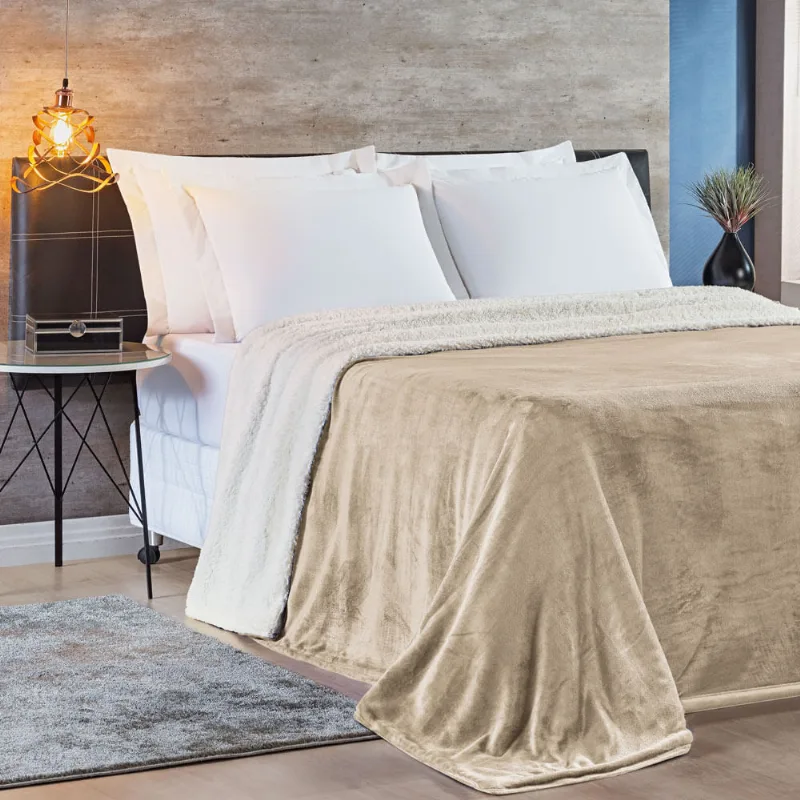 Cobertor Fênix Queen Sherpa Pele de Carneiro + Mantinha Flannel 1 Peça - Cáqui - Casa Scarpa - Cama, Mesa E Banho