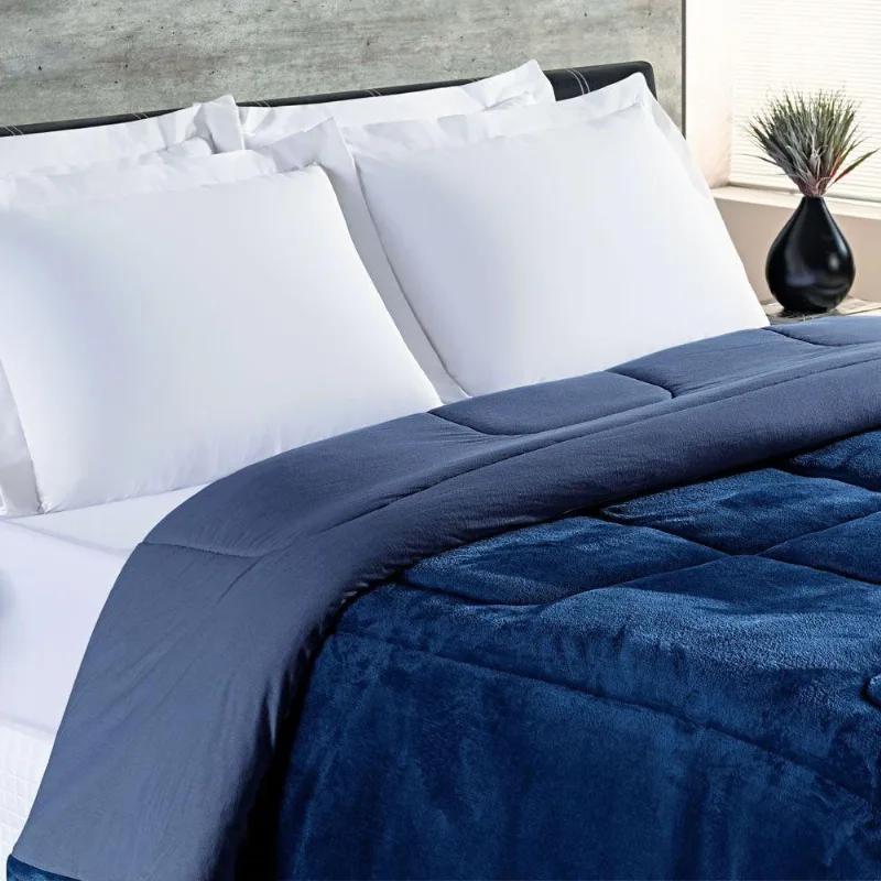 Coberdrom Allure Queen Dupla Face Manta Plush + Malha 1 Peça - Azul Marinho