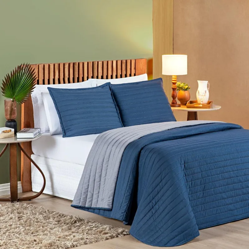 Kit Cobre Leito Double Casal Dupla Face Micropercal 200 Fios 3 Peças - Azul E Cinza
