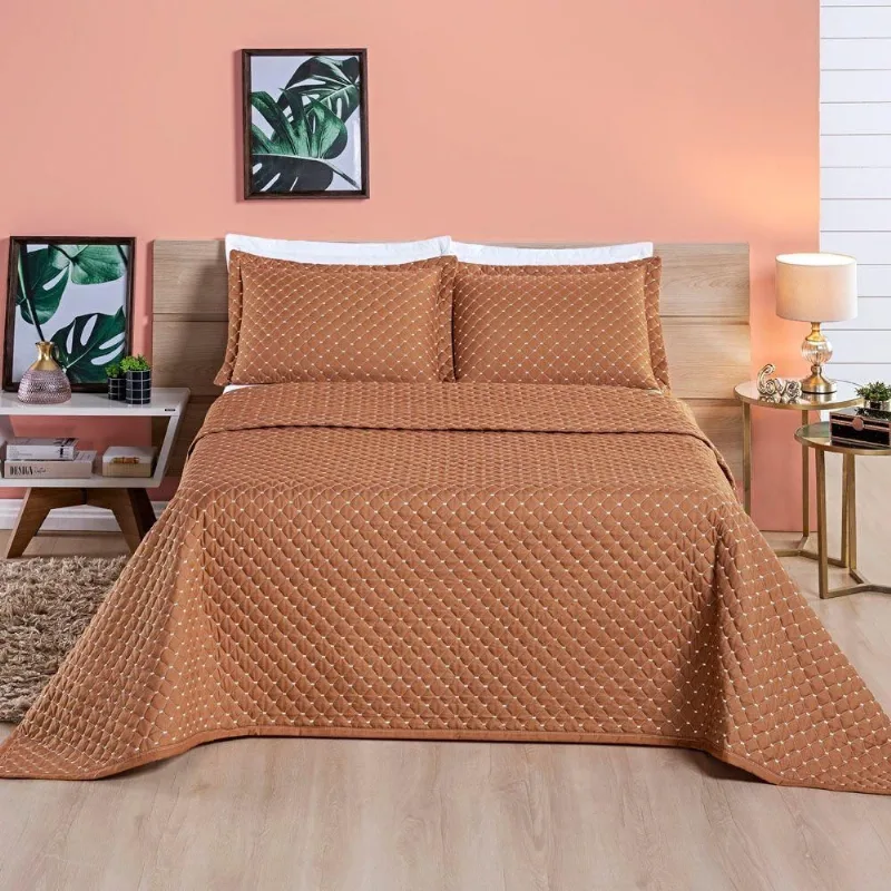 Kit Cobre Leito Colcha Vênus Casal Dupla Face Micropercal 200 Fios Liso 3 Peças - Terracota