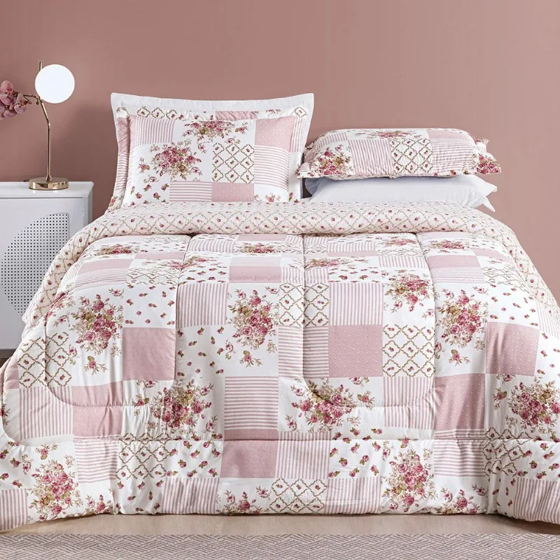 Kit Edredom Dallas King Dupla Face Microfibra 3 Peças - Rosa Matura Patchwork - Casa Scarpa