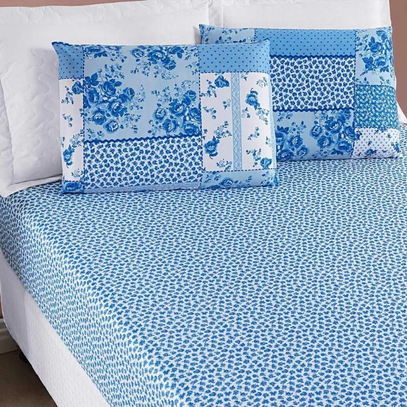 Jogo De Cama Lençol Dallas Solteiro Microfibra 2 Peças - Azul Sereno Patchwork - Casa Scarpa - Cama, Mesa E Banho