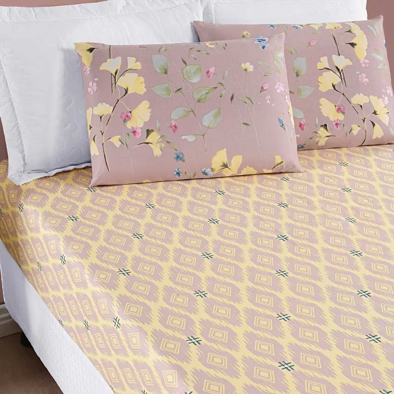 Jogo de Cama Lençol Dallas Casal Padrão Microfibra 3 Peças - Rosê Lavanda Floral