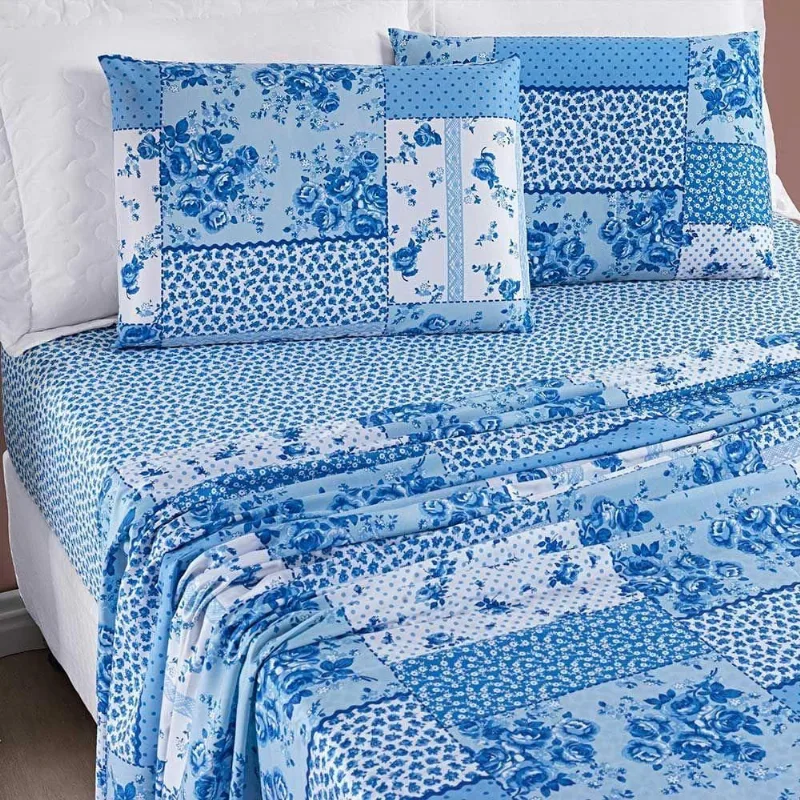 Jogo De Cama Lençol Dallas Casal Padrão Microfibra 4 Peças - Azul Sereno Patchwork - Casa Scarpa - Cama, Mesa E Banho