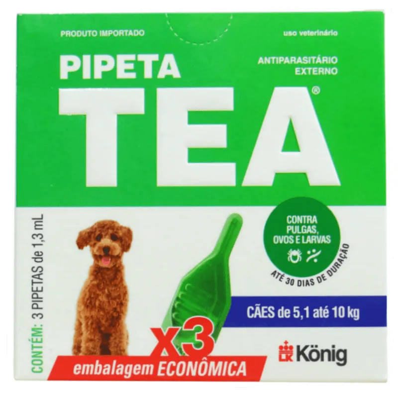 Pipeta Tea 1,3 ml Antiparasitário Contra Pulgas para Cães de 5,1 até 10 Kg Kit C/ 3 unid. - König