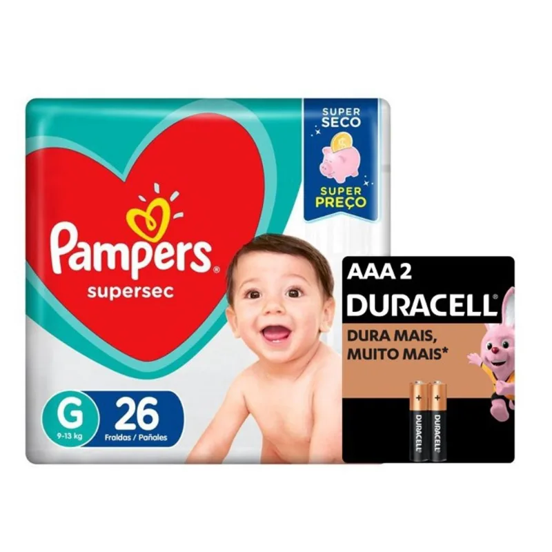 Fralda Pampers Supersec G 26u + Pilha Duracell Palito aaa c2
