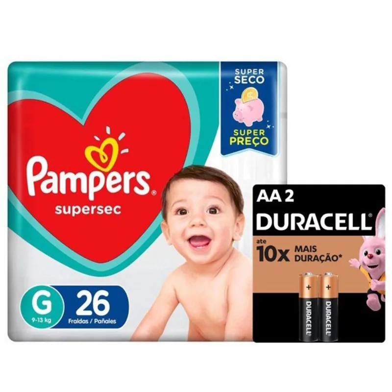 Fralda Pampers Supersec G 26u + Pilha Peq. aa Duracell Com 2
