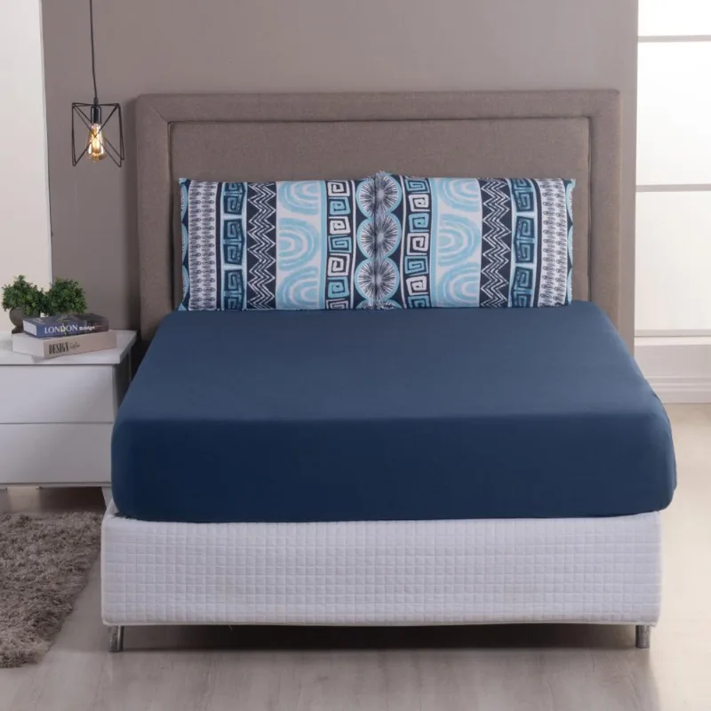 Jogo Cama Lençol Sonnet Solteiro Malha Estampada 100% Algodão 2 Peças - Geométrico - Azul Marinho