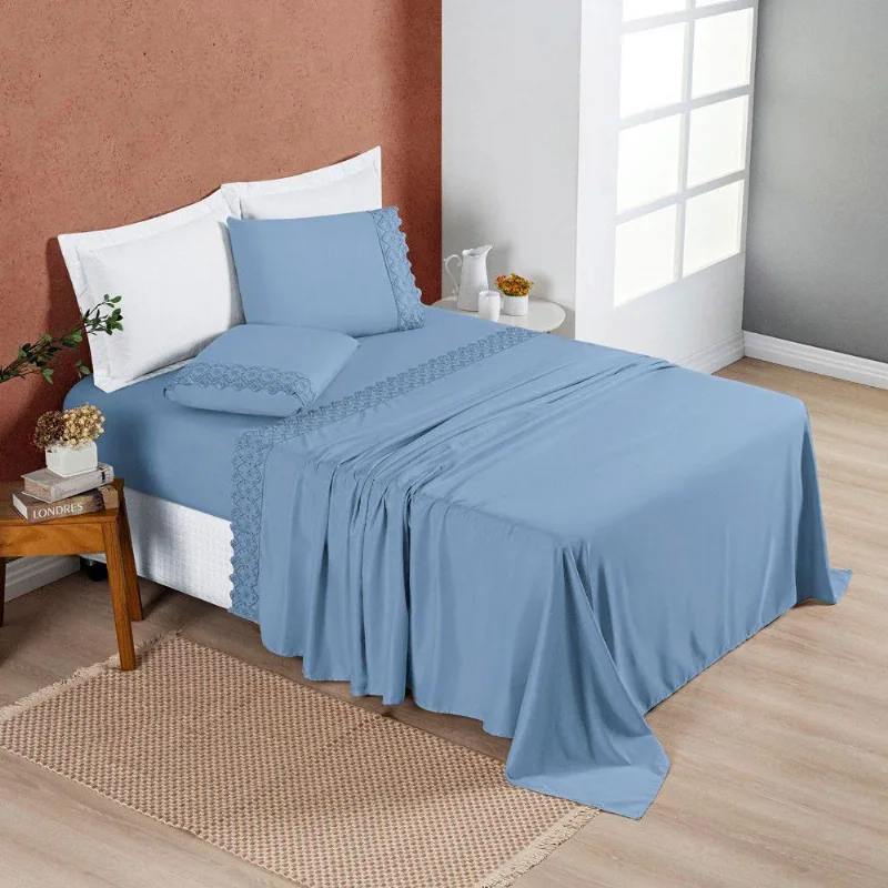 Jogo De Cama Lençol Bouclê Casal Micro Percal 200 Fios Laise Bordada Azul Ice Blue Casa Scarpa