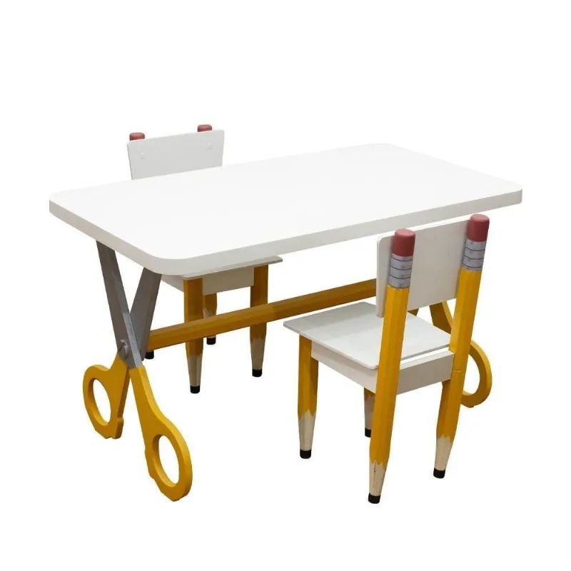 Conjunto Mesa E 2 Cadeiras Infantil Formato Lápis Tesoura Cor: amarelo