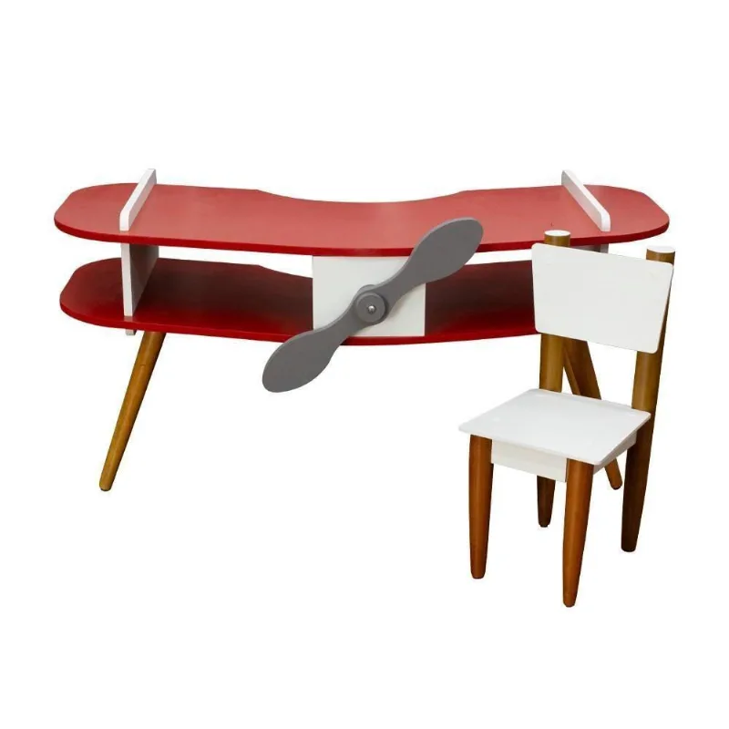 Conjunto Mesa E Cadeira Infantil Pés Palito Formato Avião Cor: vermelho-branco-marrom