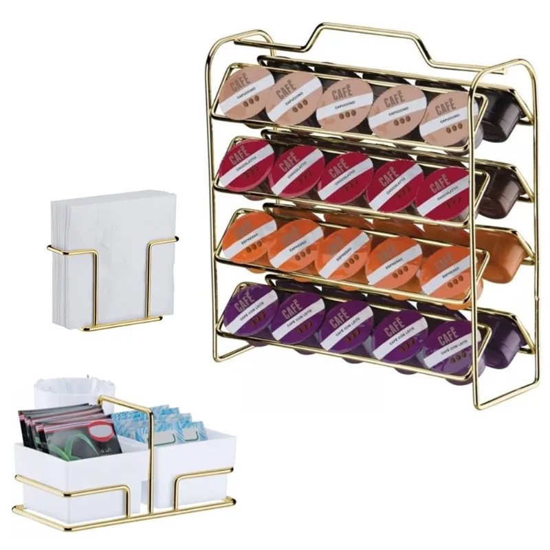Kit Café 3 Peças Suporte 40 Cápsulas Três Corações Porta Sachês Guardanapos Dourado - Future