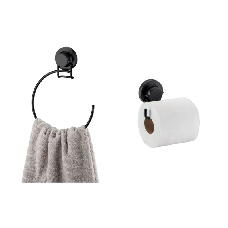 Kit Banheiro Porta Toalha Argola Toalheiro Suporte Papel Higiênico Ventosa Preto Fosco - Future