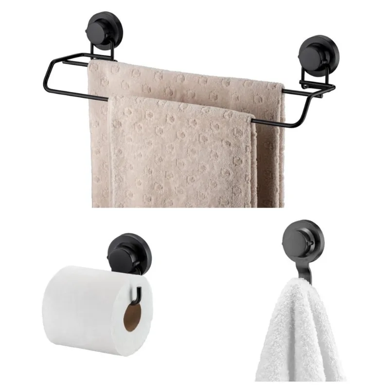 Kit Banheiro Porta Toalha Suporte Papel Higiênico Gancho Multiuso Ventosa Preto Fosco - Future