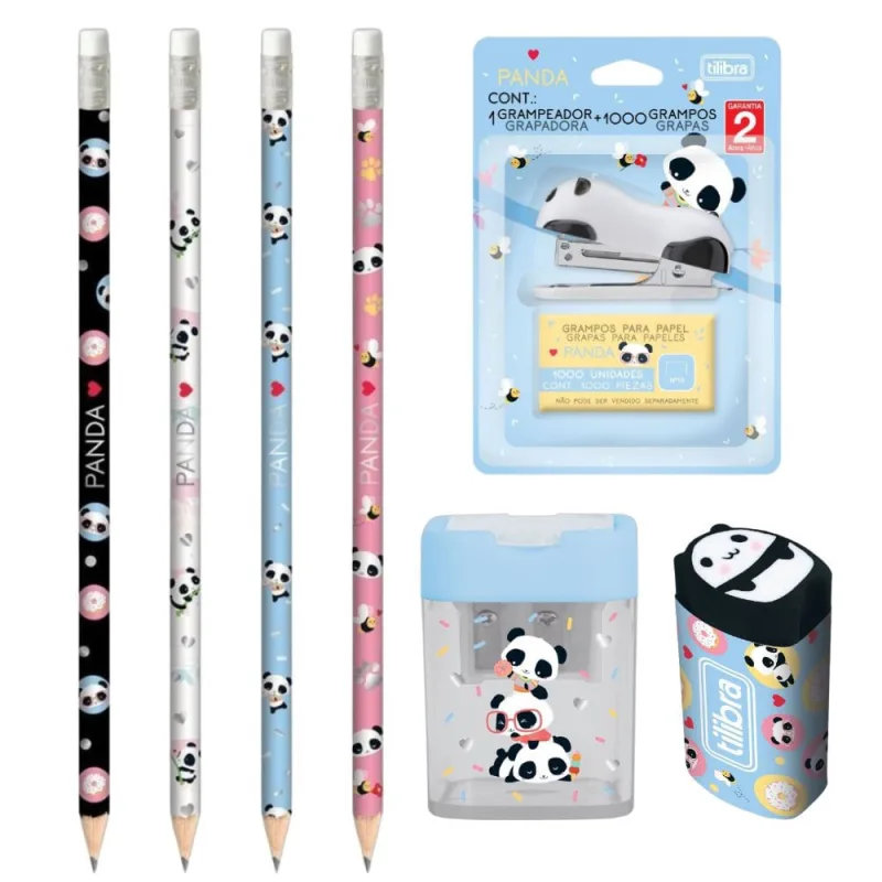 Kit Escolar Panda Grampeador + Apontador + Lápis + Borracha - Tilibra - Tilibra - Papelaria