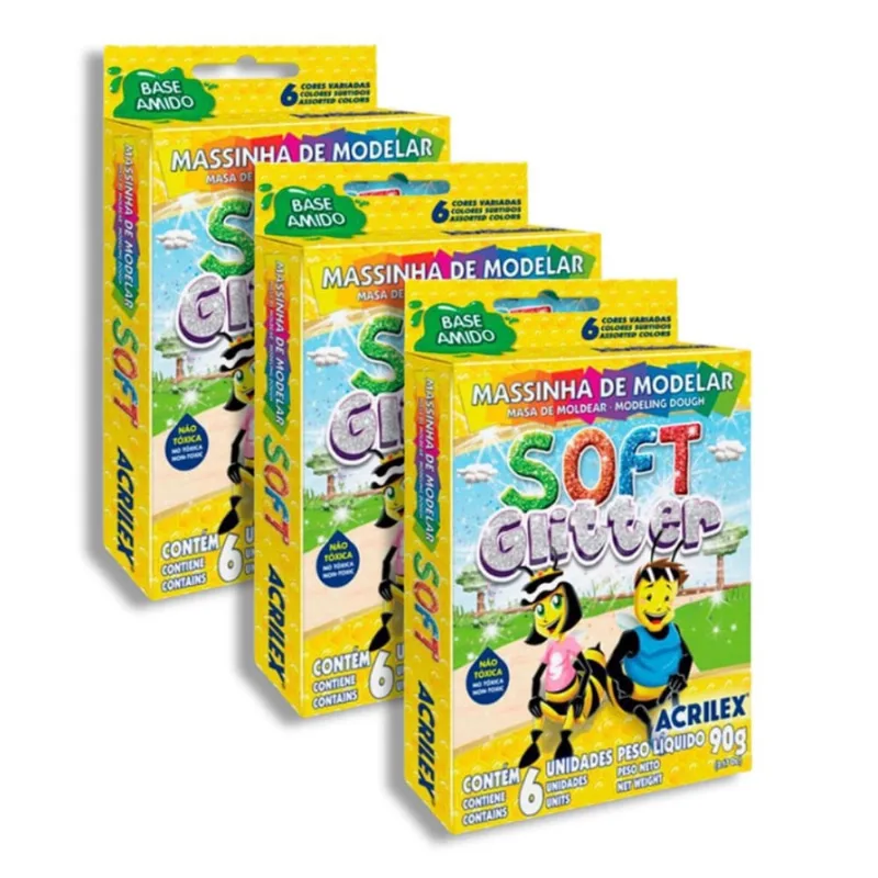 Kit 03 Massinha de Modelar 6 Cores Soft Glitter 90g - Acrilex