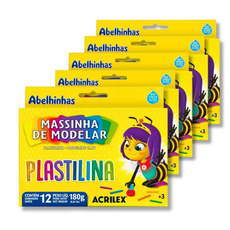 Kit 05 Massinha de Modelar Plastilina 180g 12 Cores Acrilex