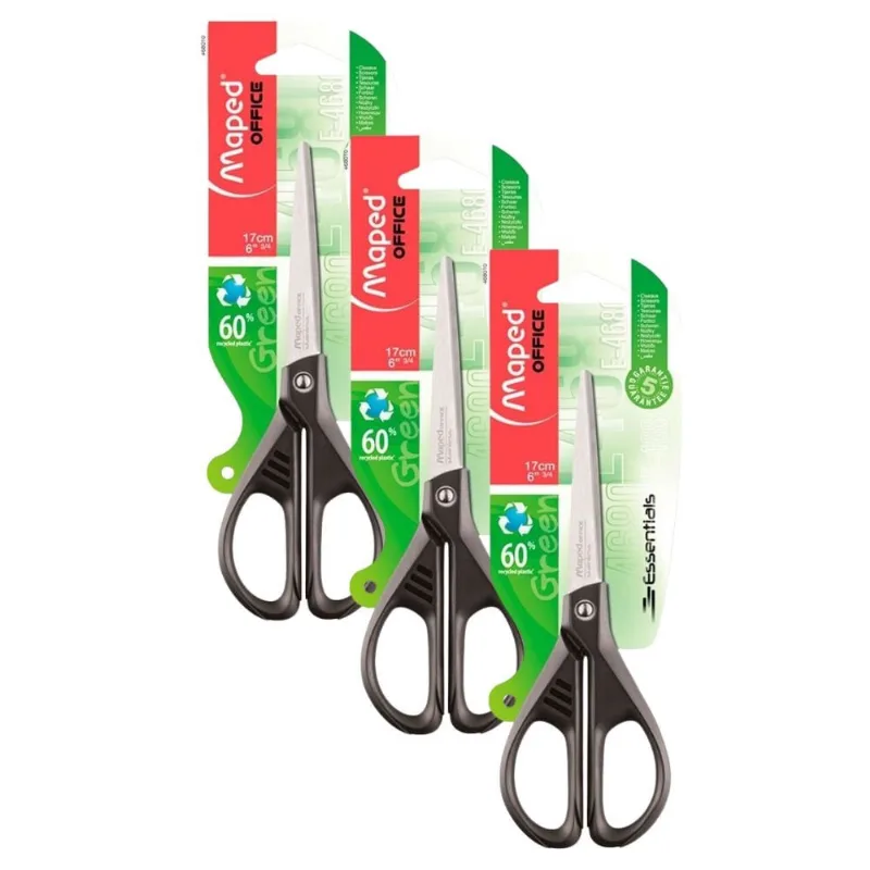 Kit 03 Tesouras de Aço Multiuso Essentials Green 17cm Blister - Maped